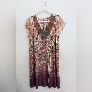 ONE WORLD Bohemian Pink and Beige Patterned Dress Boho Vacation Summer Casual